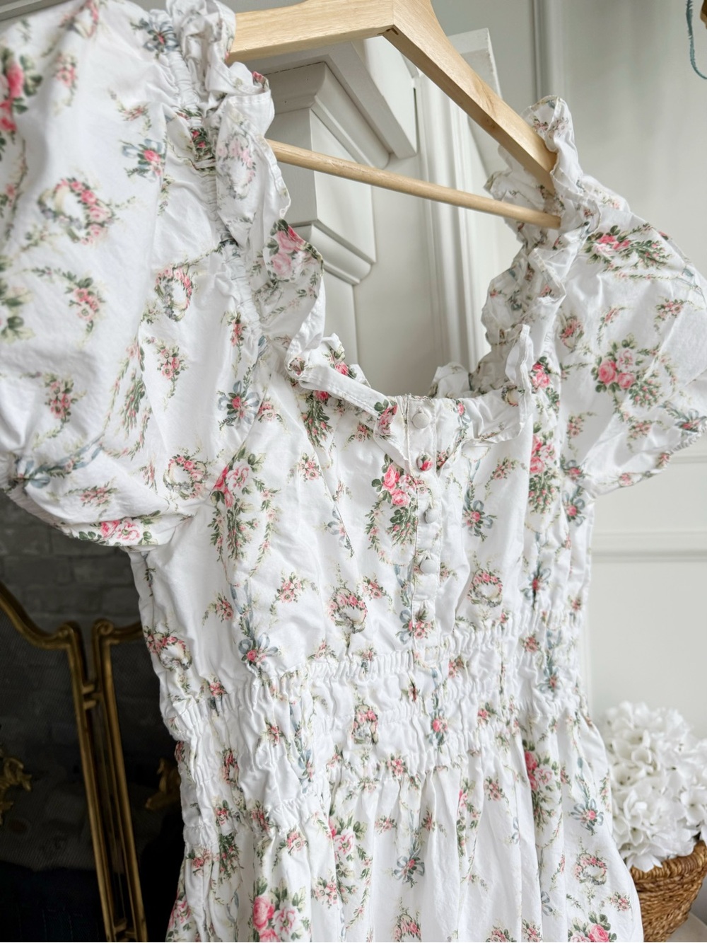 LoveShackFancy Terrence white & pink Floral smocked dress with Pink Roses - Picture 2 of 6